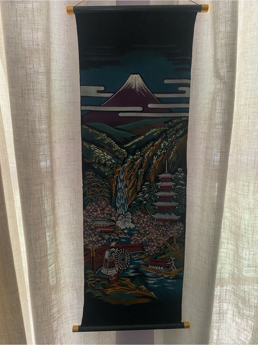 Vintage Japanese Velvet Silk Hanging Scroll Tapestry Mount Fuji Geisha Pagoda